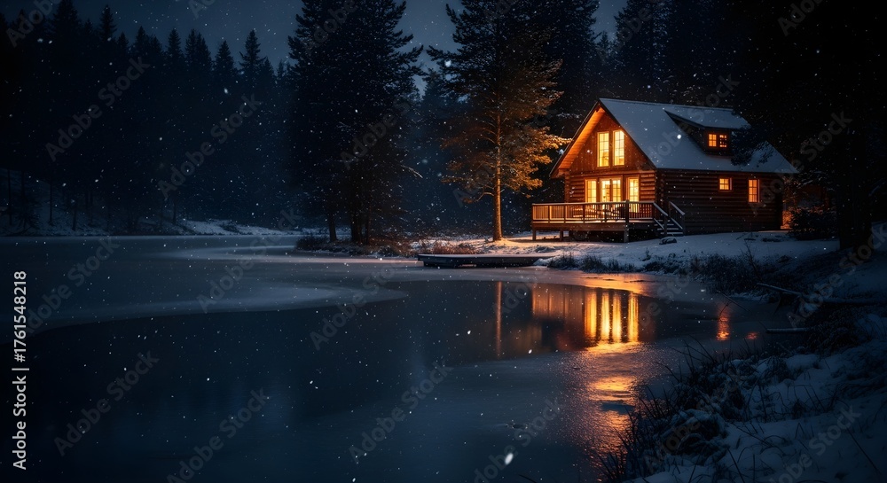 Cozy illuminated log cabin nestled in a snowy forest beside a frozen ...