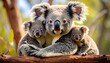 © Aku - A mother koala cuddles her two joey offspring on a tree branch