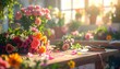 © Quality Assets - Vibrant flower arrangement in a sunlit workshop with scattered petals and gardening tools in the background