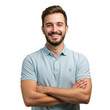 © shahida  - A smiling young man with a beard and short brown hair wearing a light blue polo shirt with arms crossed isolated on transparent background