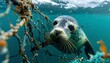 © Lapi - A curious marine mammal investigates fishing debris in a dark ocean setting