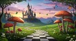 © MuhammadFarooq - Alice in Wonderland theme poster, a Checkered Path. Magical Animation Footage, Motion Graphics, Fantasy Landscape with Mushrooms, Castle, Butterflies, Background, wallpaper