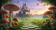 © MuhammadFarooq - Alice in Wonderland theme poster, a Checkered Path. Magical Animation Footage, Motion Graphics, Fantasy Landscape with Mushrooms, Castle, Butterflies, Background, wallpaper