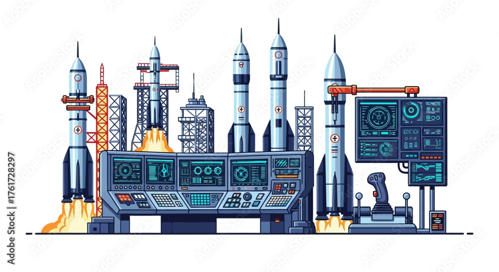 Rocket Launch Control Center Pixel Art Illustration Depicting Space ...