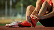 © master1305 - Close-up of runner tying red spikes on running track under sunlight. Concept of preparation, detail, discipline for sports branding, footwear advertising, and athletic motivation visuals.
