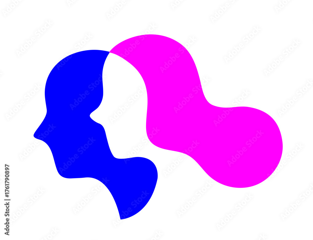 Minimalist line art illustration of two overlapping human profiles facing the same direction. Abstract continuous one-line drawing symbolizing connection, unity, and relationships.	