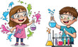 © Creatives World - PrintKids doing fun science experiments, colorful chemistry lab for children, educational learning activity, wearing safety goggles, STEM concept illustration