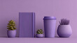 © SHUMAYA - Minimalist arrangement of purple objects including plants a book and a shaker bottle on a purple background