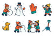 © Innovator587 - Christmas Snowman Family Fun flat icons: kids building snowman, mitten hands, snow pile, laughter bubbles, pet nearby, sled, snow shovel, smiling faces.