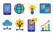 © Innovator587 - Social Impact Tech flat icons: smartphone app, globe network, lightbulb idea, data dashboard, cloud connection, AI gear, mobile donation, progress chart.