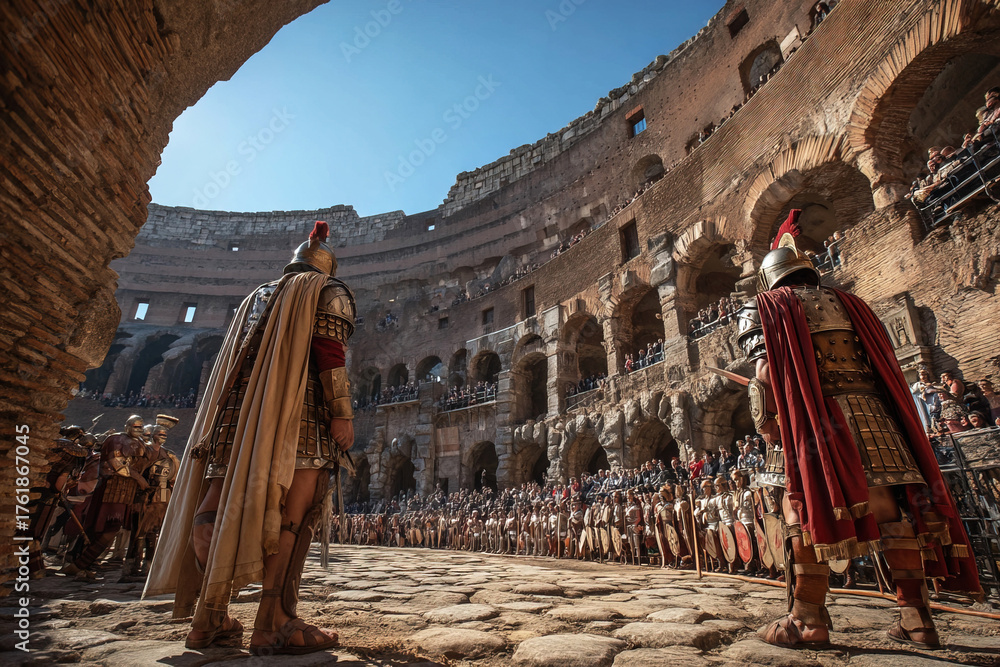 Two gladiators engage in fierce combat in the Colosseum arena during ...