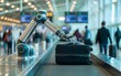 © pramod - A futuristic airport baggage system with robotic arms sorting colorful suitcases on sleek conveyors amid glass walls and modern architecture.