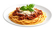 © Khalid - Delicious spaghetti Bolognese topped with grated cheese and a fresh basil leaf, served on a white plate isolated on solid white background in Png
