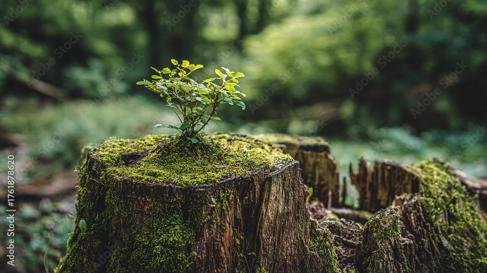 Resilient new growth emerges from an old, moss-covered stump. A symbol ...