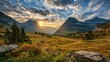 © Vlad - Going-To-The-Sun Road Fall. Beautiful Sunrise over Logan Pass Meadow with Glacier National Park Background