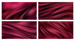 © Sensvector - Wavy abstract satin cloth, clumped surface of burgundy color fabric material. Vector realistic background texture. Set of textile, silk or velvet curtains or draperies, tablecloth or elegant tissue