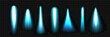 © klyaksun - Blue rocket exhaust with fire trails and jet propulsion streams for spaceship engine effect or sci fi design. Glowing plasma boost with bright energy thrust. Neon flame on transparent background.