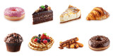 Assorted dessert collection, variety of sweet treats set, pastries, cheesecake, pink donut, churros, pink donut. Colorful and appetizing dessert, gourmet desserts isolated on white background
