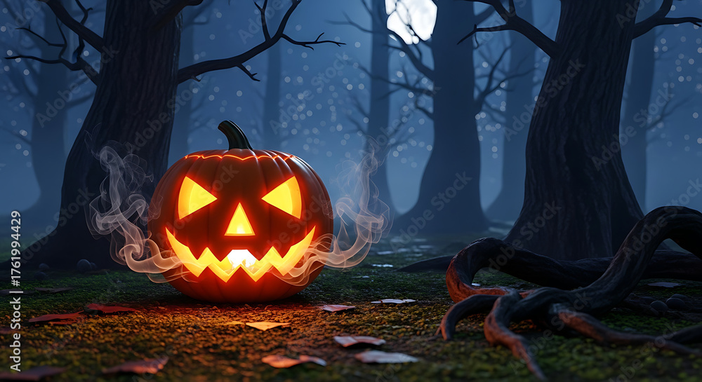 Glowing jack o lantern with smoke in a dark forest under a full moon ...