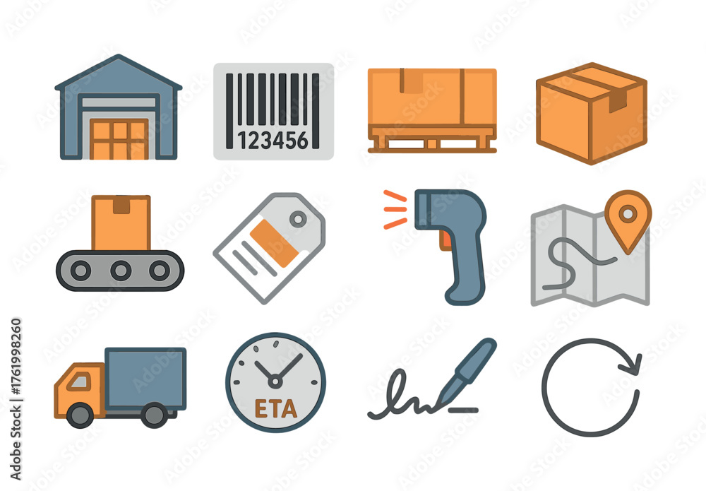 Delivery Eta Icon Stock-Vektorgrafik „Warehouse and delivery icons: barcode, pallet, box ...