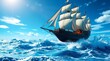 © Chom - Majestic sailing ship navigating through vibrant blue ocean waves under clear sky with puffy clouds and bright sunlight