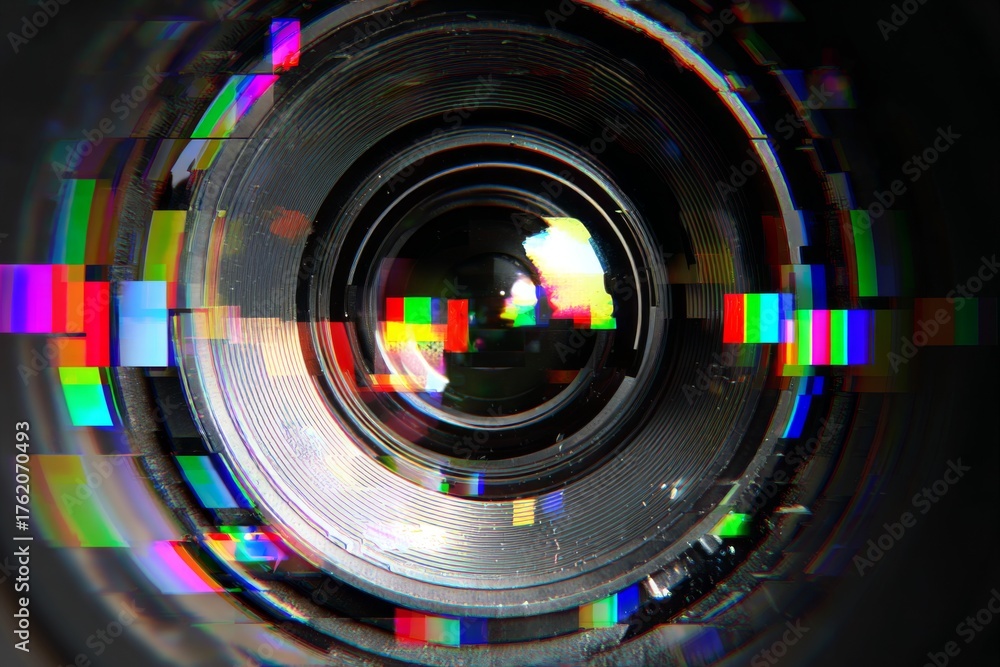 Close up view of a camera lens showing digital screen color bars and ...