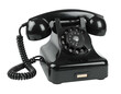 © Syari - Glossy black retro dial phone with handset off-hook on a white background