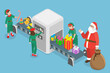 © TarikVision - 3D Isometric Flat Vector Illustration of Christmas Gift Factory, Elves Helping Santa In Gift And Toy Preparing