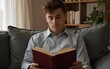 © Helen - Young man reading a book at home on the sofa. High quality