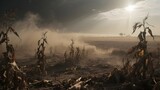 Rotting crops in barren fields, symbol of extreme food crisis.