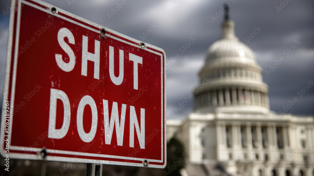 Government Shutdown Sign with U.S. Capitol Dome Under Cloudy Sky Stock ...