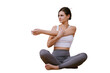 © Iona - Beautiful American young brunette woman in sportswear sitting on transparent background stretching practicing yoga at home. Focused hispanic female at exercise at fitness club.