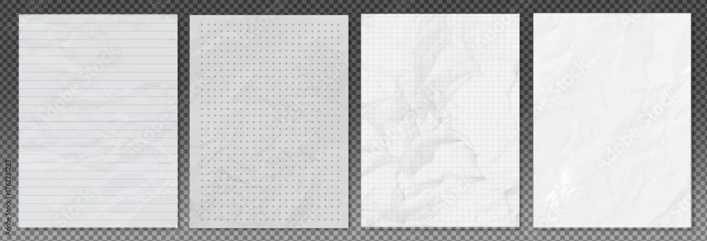 Vector set of clean crumpled paper sheets. Crumpled checkered, lined ...