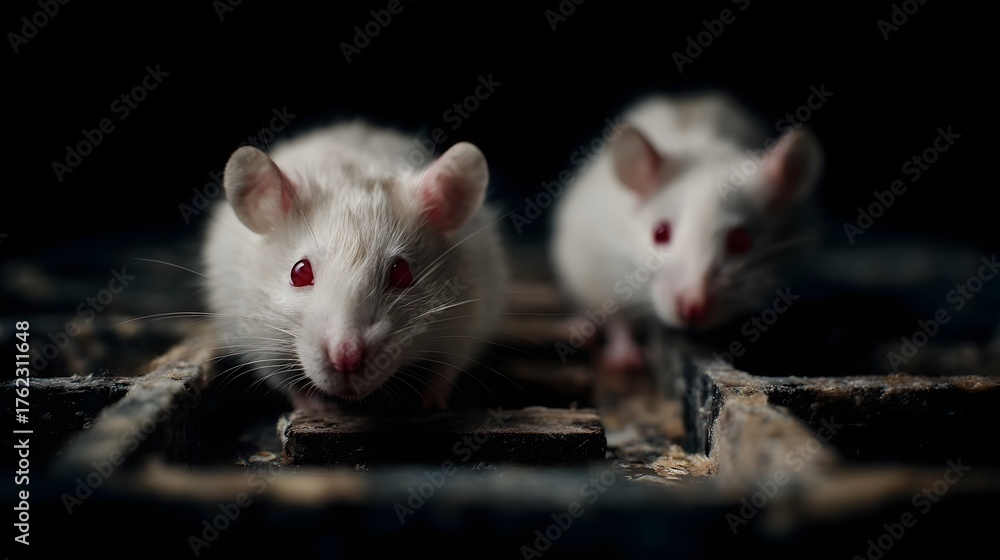 Two white laboratory mice with striking red eyes investigate a dark ...