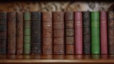 Classic Literature Collection With Vintage Covers Displayed on Wooden Shelf in Library Setting