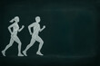© mailcaroline - A chalk drawing of a man and woman running together. Physical fitness, sports, recreation, partnership design element or background with copy space.