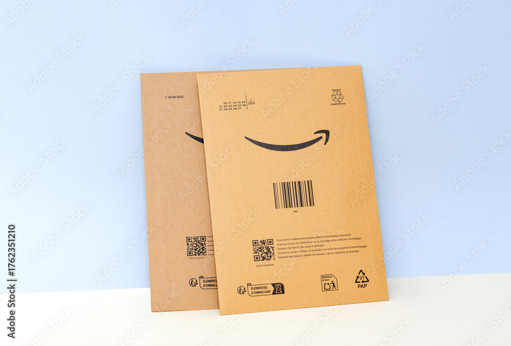 Amazon Pacaging Box Padova, Italy - September 18, 2025: Amazon packaging box with barcode ...