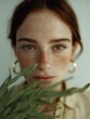 © Olly Photography - Close-up portrait of a freckled woman with striking green eyes and golden hoop earrings, partially obscured by green leaves.