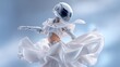 © Premium_art - Futuristic female robot in flowing white dress, graceful pose against a pale blue backdrop.