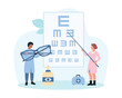 © Flash Vector - Eye health, ophthalmology vector illustration. Cartoon tiny people check eyesight with visual chart test on examination, focus correction treatment with eye drops and glasses by ophthalmologists