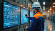© Vadym - Man in hard hat and safety vest monitors control panel with multiple screens in industrial facility. Engineer uses remote control to adjust settings. Modern technology and machinery in large building.