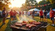 © Vadym - People gather at sunny park for barbecue party before sports game. Friends grill sausages, vegetables, enjoying food, good company. Casual outdoor event with tents, decorations, celebrating community