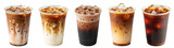 iced coffees with milk swirls: iced latte, iced macchiato, iced mocha, iced caramel latte, iced americano