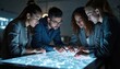 © Vadym - Diverse team collaborates around glowing futuristic table. People use digital interface for planning project strategy, discussing data analysis, and seeking solutions together.