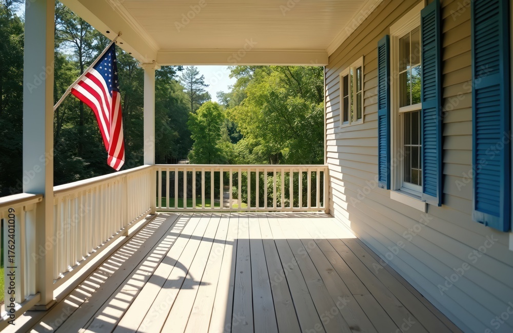 Front porch of house with American flag hanging from ceiling. Porch has ...