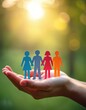 © Vadym - Hands hold colorful paper people silhouettes against a sunny green background. Symbolizes togetherness, diversity, and inclusion in community or family settings.