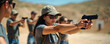 © Vadym - Young women practice shooting handguns at outdoor range. Focused students learn firearm safety and accuracy under instruction. They aim at targets improving skills for self-defense or sport.