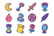 © Fortune228 - Occult & Symbolic Tarot Icons flat isometric set: moon, key, dagger, chalice, flame, serpent, pentagram, feather, hourglass, scroll, rose, mirror.