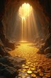 © Vadym - Sunlight falls through cave with waterfall cascading over gold coins. River of money background. Wealth, treasure. Fantasy scene. Could used for blogs, articles about finance adventure.