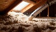 © DigitalSpace - Close medium view of cellulose insulation being blown into attic space for improved thermal performance.